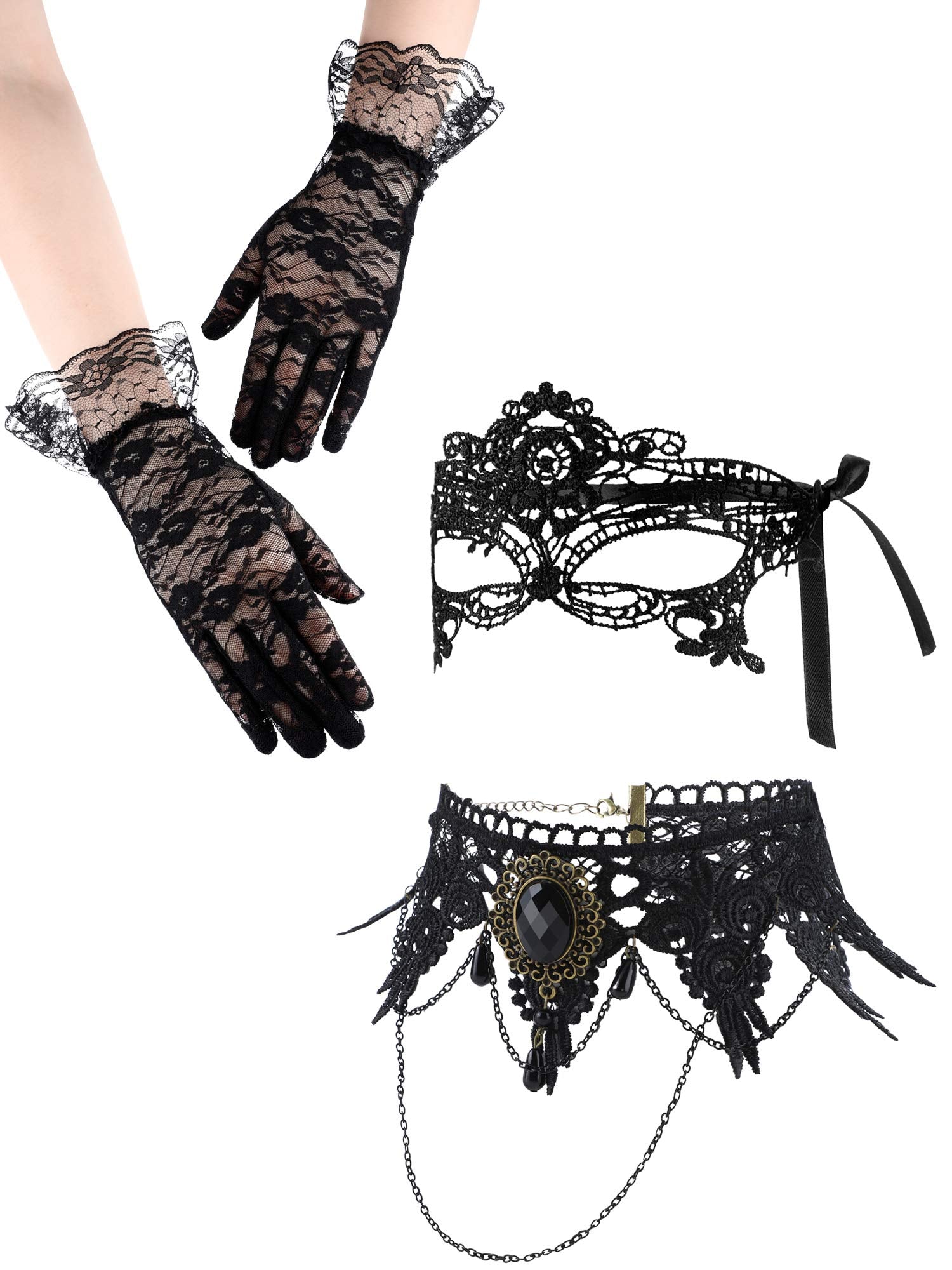 ZIBUYU 3Pcs Lace Gloves Set for Women with Mask and Lace Chain Choker, Black Gothic Masquerade Mask Set for Cosplay, Party, Prom, Festival Rave, Carnival, Halloween ZIBUYU 3Pcs Lace Gloves Set for Women with Mask and Lace Chain Choker, Black Gothic Masquerade Mask Set for Cosplay, Party, Prom, Festival Rave, Carnival, Halloween